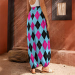 Blue Pink And Black Argyle Pattern Print Harem Pants