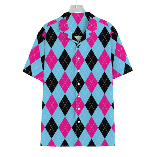 Blue Pink And Black Argyle Pattern Print Hawaiian Shirt