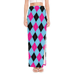 Blue Pink And Black Argyle Pattern Print High Slit Maxi Skirt