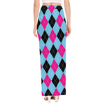 Blue Pink And Black Argyle Pattern Print High Slit Maxi Skirt