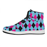 Blue Pink And Black Argyle Pattern Print High Top Leather Sneakers