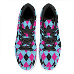 Blue Pink And Black Argyle Pattern Print High Top Leather Sneakers