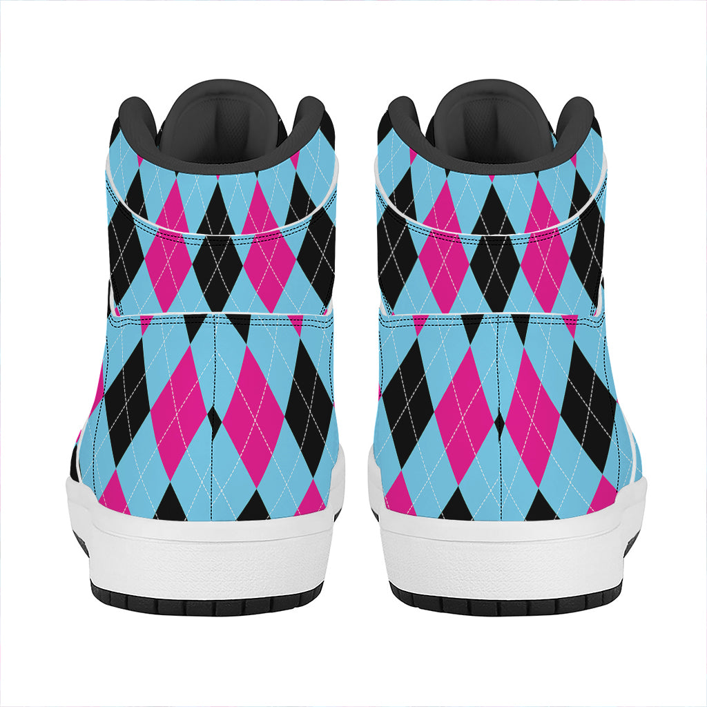 Blue Pink And Black Argyle Pattern Print High Top Leather Sneakers