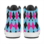 Blue Pink And Black Argyle Pattern Print High Top Leather Sneakers