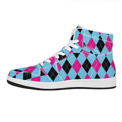 Blue Pink And Black Argyle Pattern Print High Top Leather Sneakers