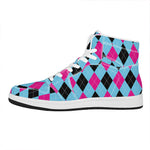 Blue Pink And Black Argyle Pattern Print High Top Leather Sneakers