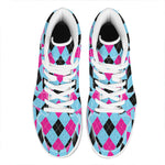 Blue Pink And Black Argyle Pattern Print High Top Leather Sneakers
