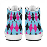 Blue Pink And Black Argyle Pattern Print High Top Leather Sneakers