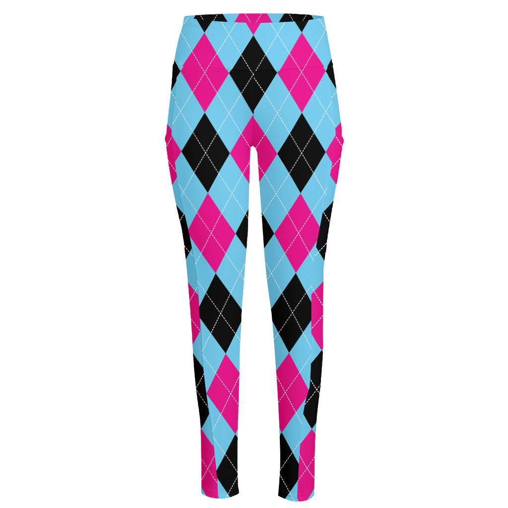 Blue Pink And Black Argyle Pattern Print High-Waisted Pocket Leggings
