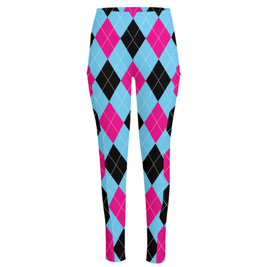 Blue Pink And Black Argyle Pattern Print High-Waisted Pocket Leggings