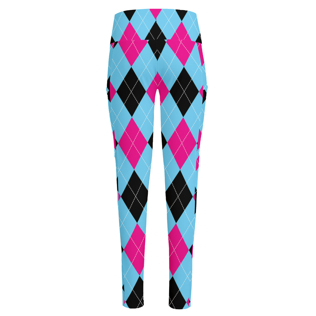 Blue Pink And Black Argyle Pattern Print High-Waisted Pocket Leggings