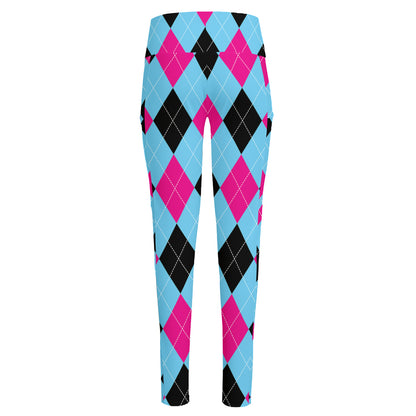 Blue Pink And Black Argyle Pattern Print High-Waisted Pocket Leggings