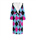 Blue Pink And Black Argyle Pattern Print Hooded Bathrobe
