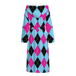 Blue Pink And Black Argyle Pattern Print Hooded Bathrobe