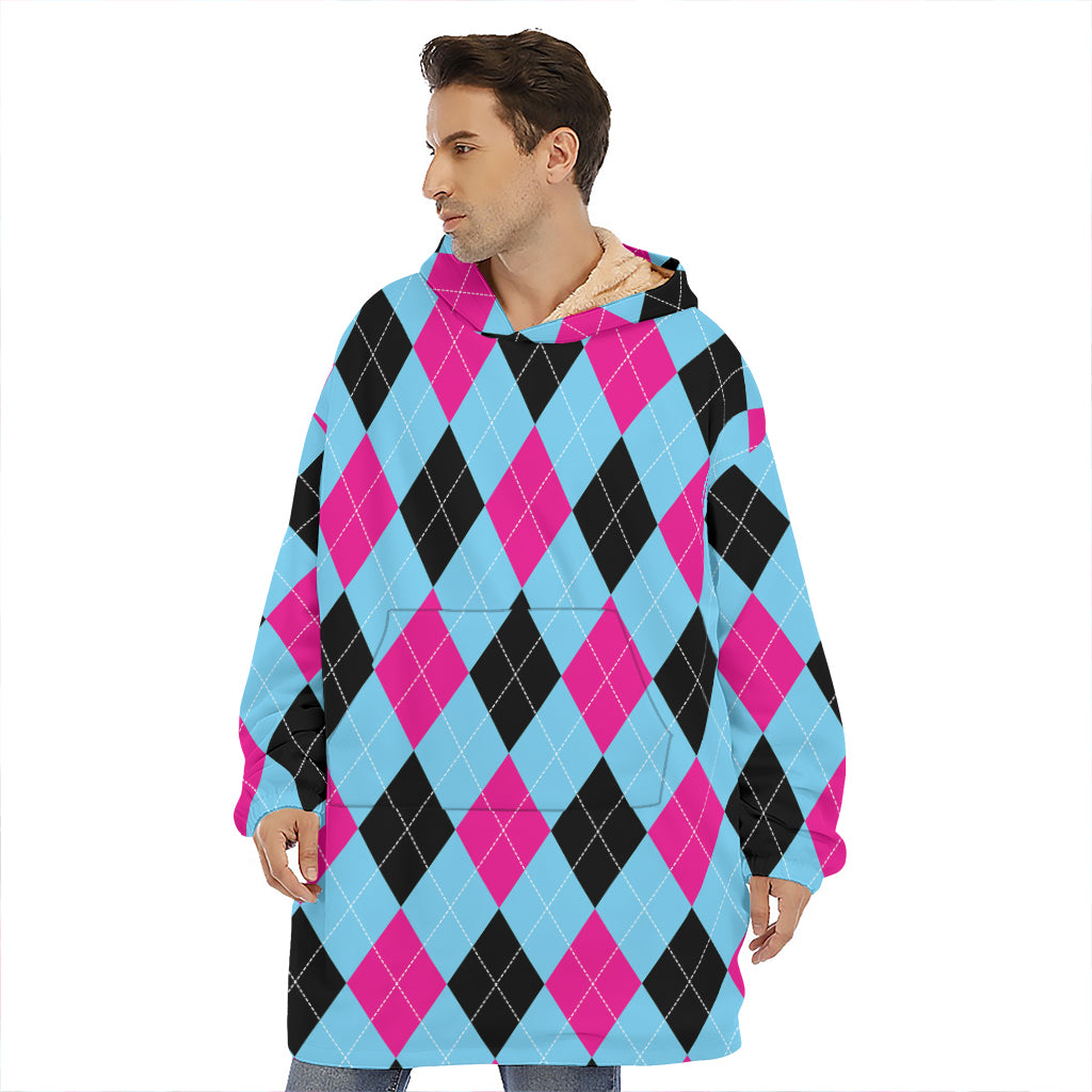 Blue Pink And Black Argyle Pattern Print Hoodie Blanket