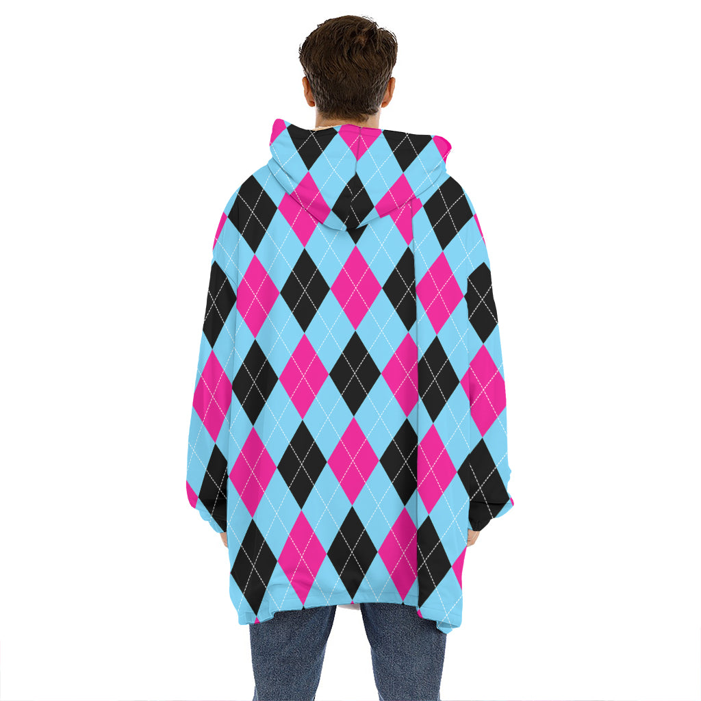 Blue Pink And Black Argyle Pattern Print Hoodie Blanket