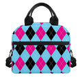 Blue Pink And Black Argyle Pattern Print Insulated Lunch Bag