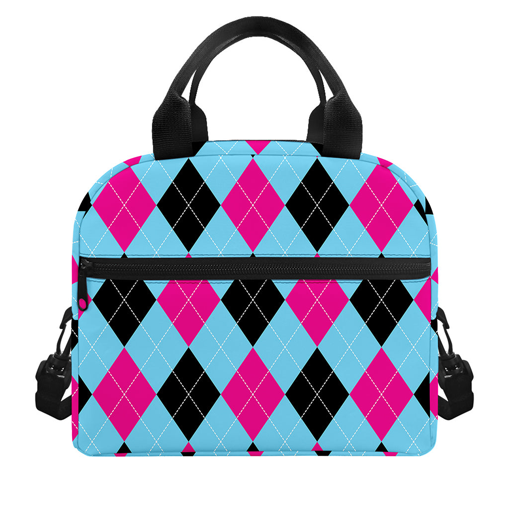 Blue Pink And Black Argyle Pattern Print Insulated Lunch Bag