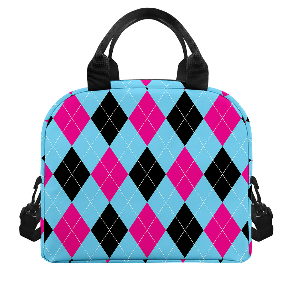 Blue Pink And Black Argyle Pattern Print Insulated Lunch Bag