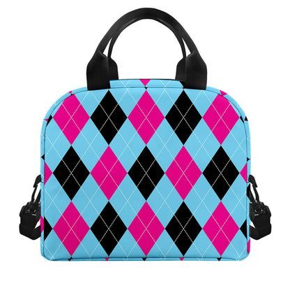 Blue Pink And Black Argyle Pattern Print Insulated Lunch Bag