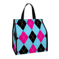 Blue Pink And Black Argyle Pattern Print Insulated Lunch Tote