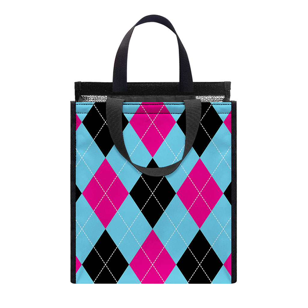 Blue Pink And Black Argyle Pattern Print Insulated Lunch Tote