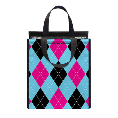 Blue Pink And Black Argyle Pattern Print Insulated Lunch Tote