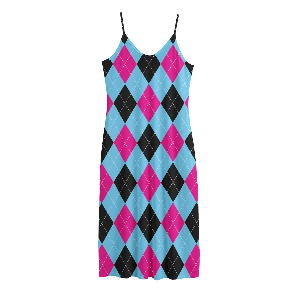 Blue Pink And Black Argyle Pattern Print Jersey Midi Cami Dress