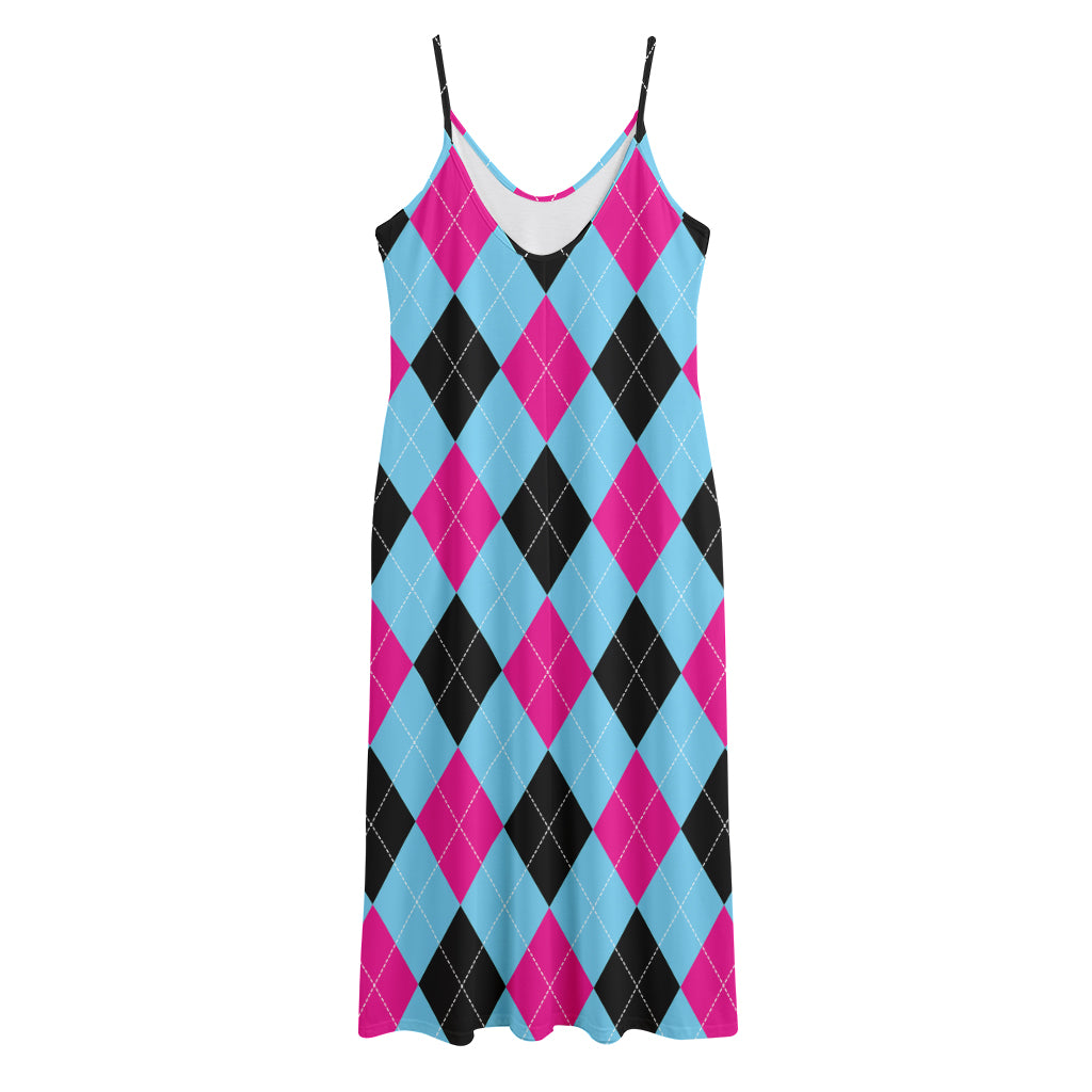 Blue Pink And Black Argyle Pattern Print Jersey Midi Cami Dress