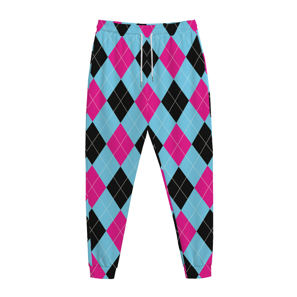 Blue Pink And Black Argyle Pattern Print Jogger Pants