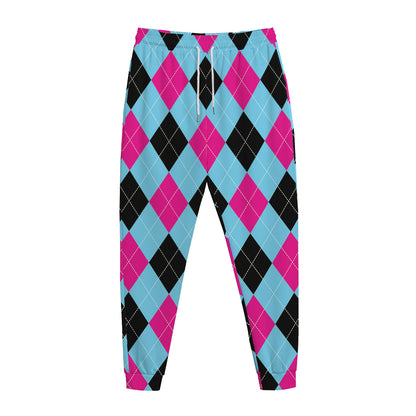 Blue Pink And Black Argyle Pattern Print Jogger Pants