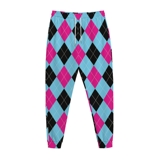 Blue Pink And Black Argyle Pattern Print Jogger Pants