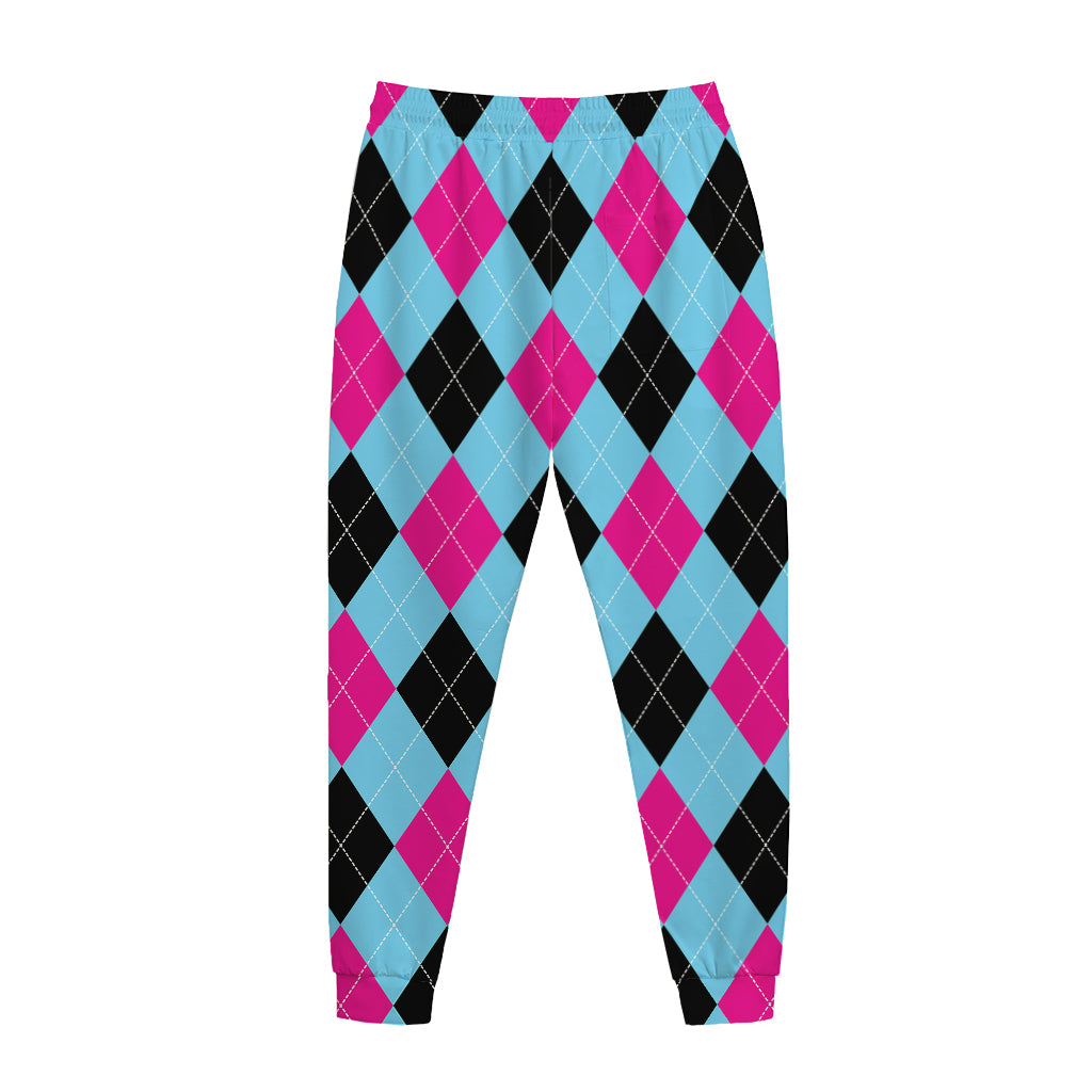 Blue Pink And Black Argyle Pattern Print Jogger Pants