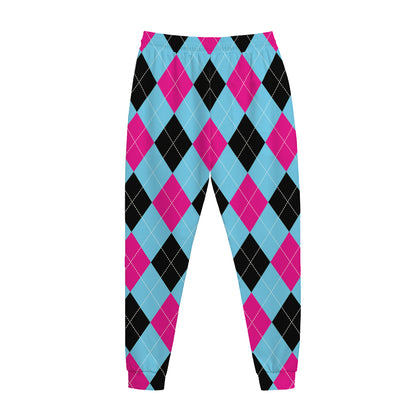 Blue Pink And Black Argyle Pattern Print Jogger Pants