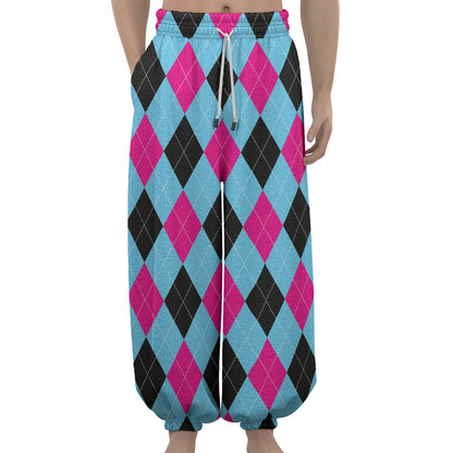 Blue Pink And Black Argyle Pattern Print Lantern Pants