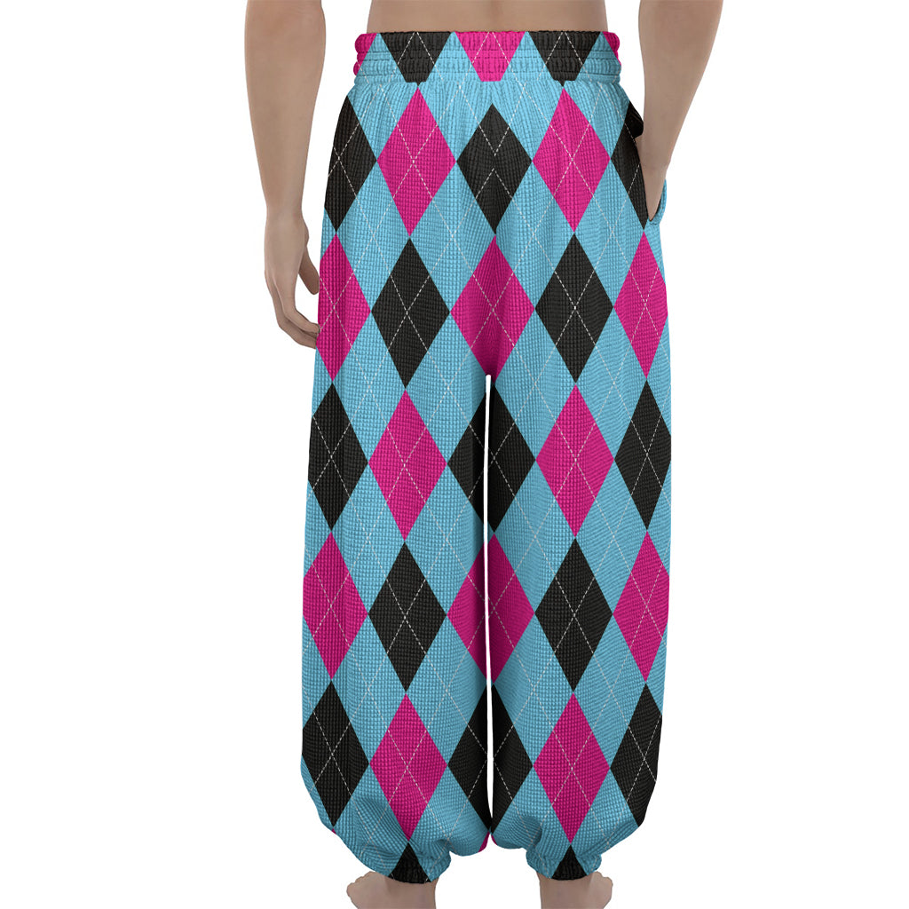 Blue Pink And Black Argyle Pattern Print Lantern Pants