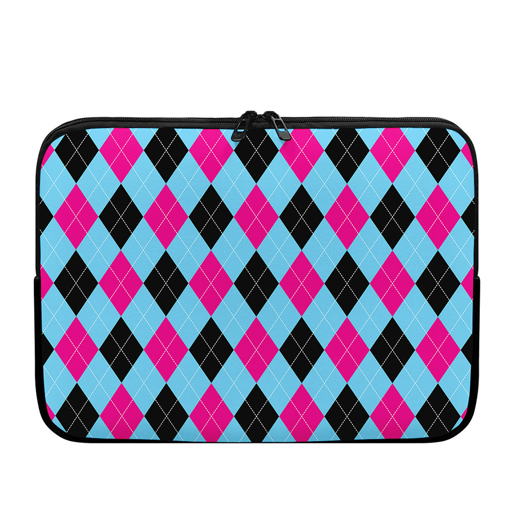 Blue Pink And Black Argyle Pattern Print Laptop Sleeve