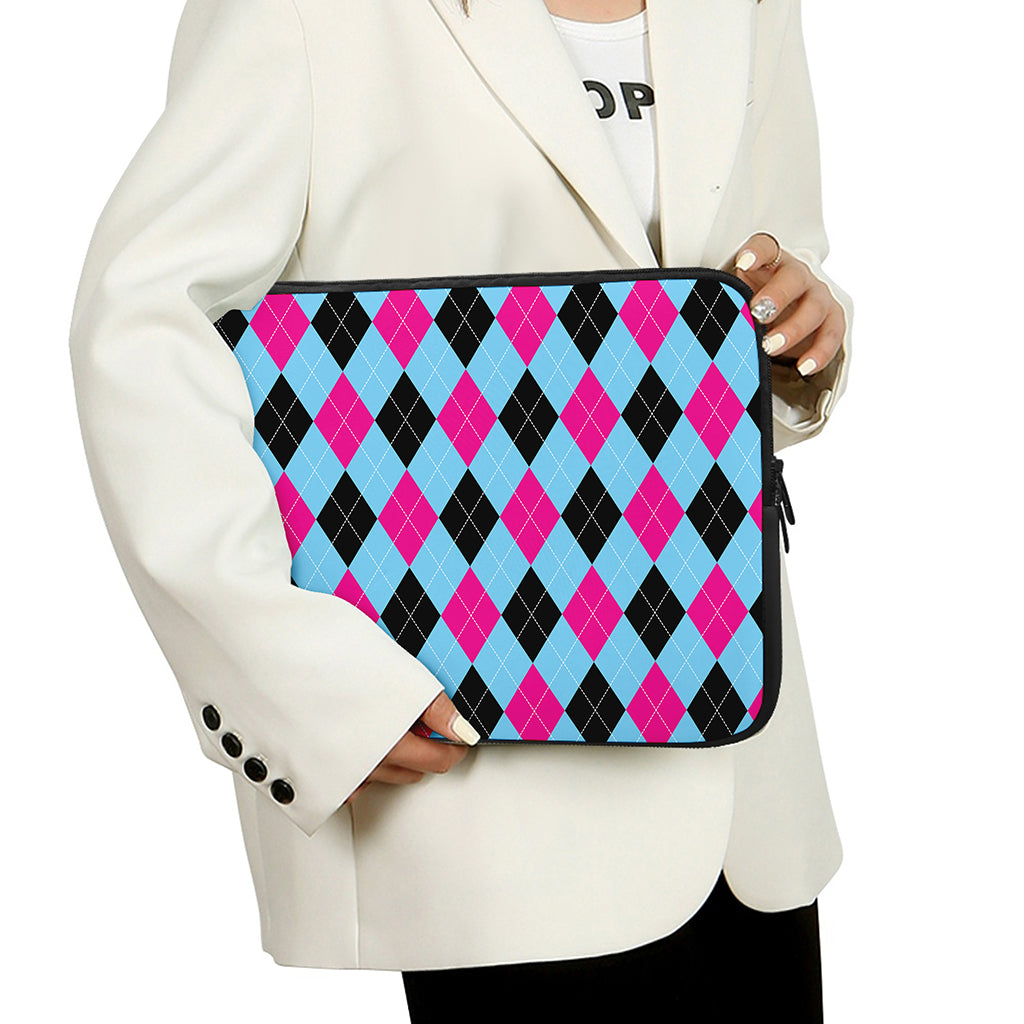 Blue Pink And Black Argyle Pattern Print Laptop Sleeve