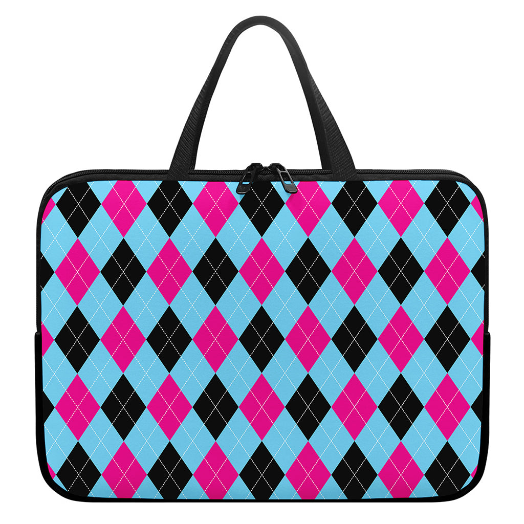 Blue Pink And Black Argyle Pattern Print Laptop Sleeve With Handle