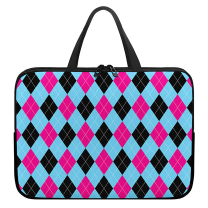 Blue Pink And Black Argyle Pattern Print Laptop Sleeve With Handle
