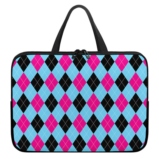Blue Pink And Black Argyle Pattern Print Laptop Sleeve With Handle