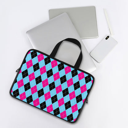 Blue Pink And Black Argyle Pattern Print Laptop Sleeve With Handle