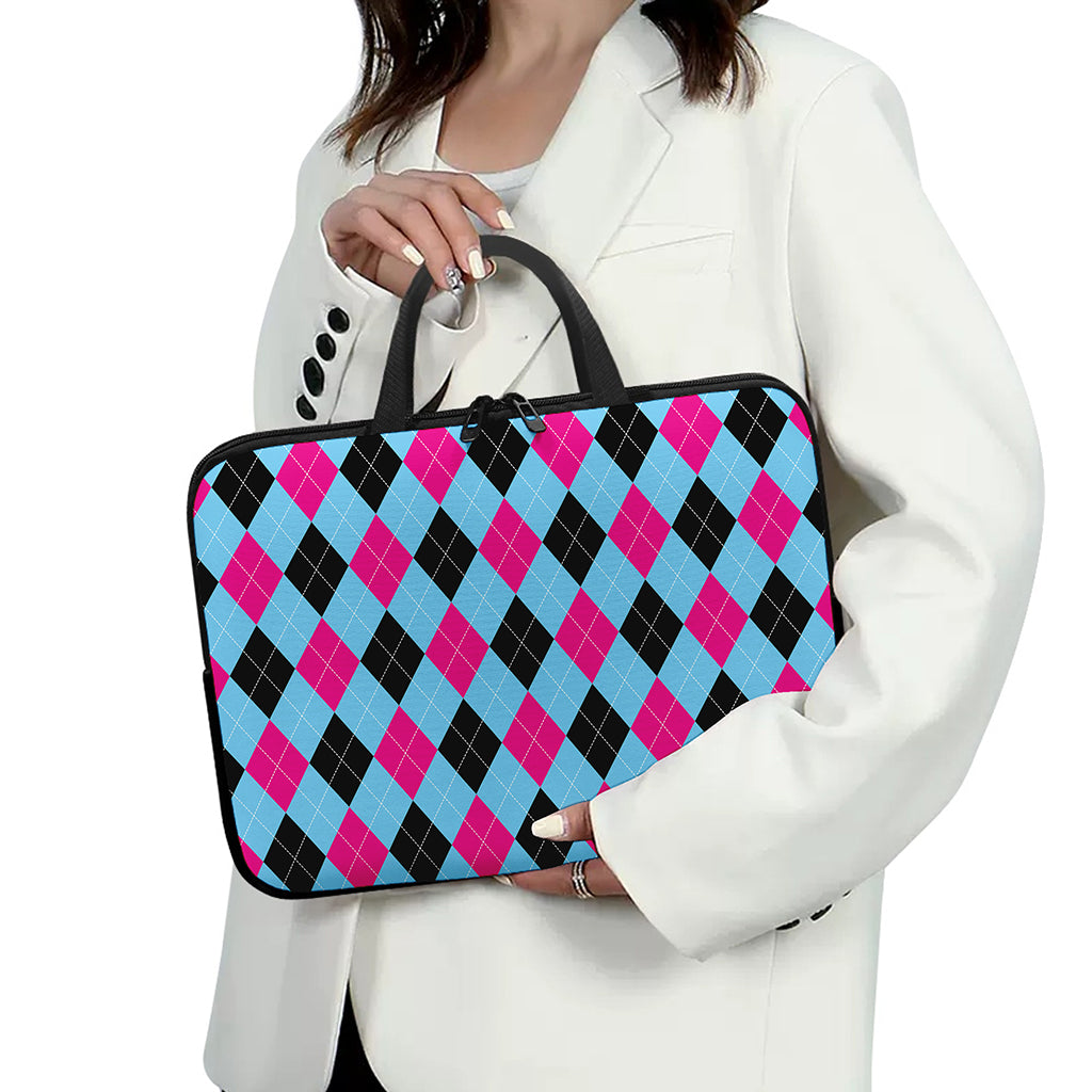 Blue Pink And Black Argyle Pattern Print Laptop Sleeve With Handle