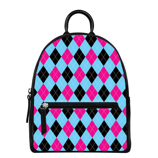Blue Pink And Black Argyle Pattern Print Leather Backpack
