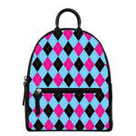 Blue Pink And Black Argyle Pattern Print Leather Backpack