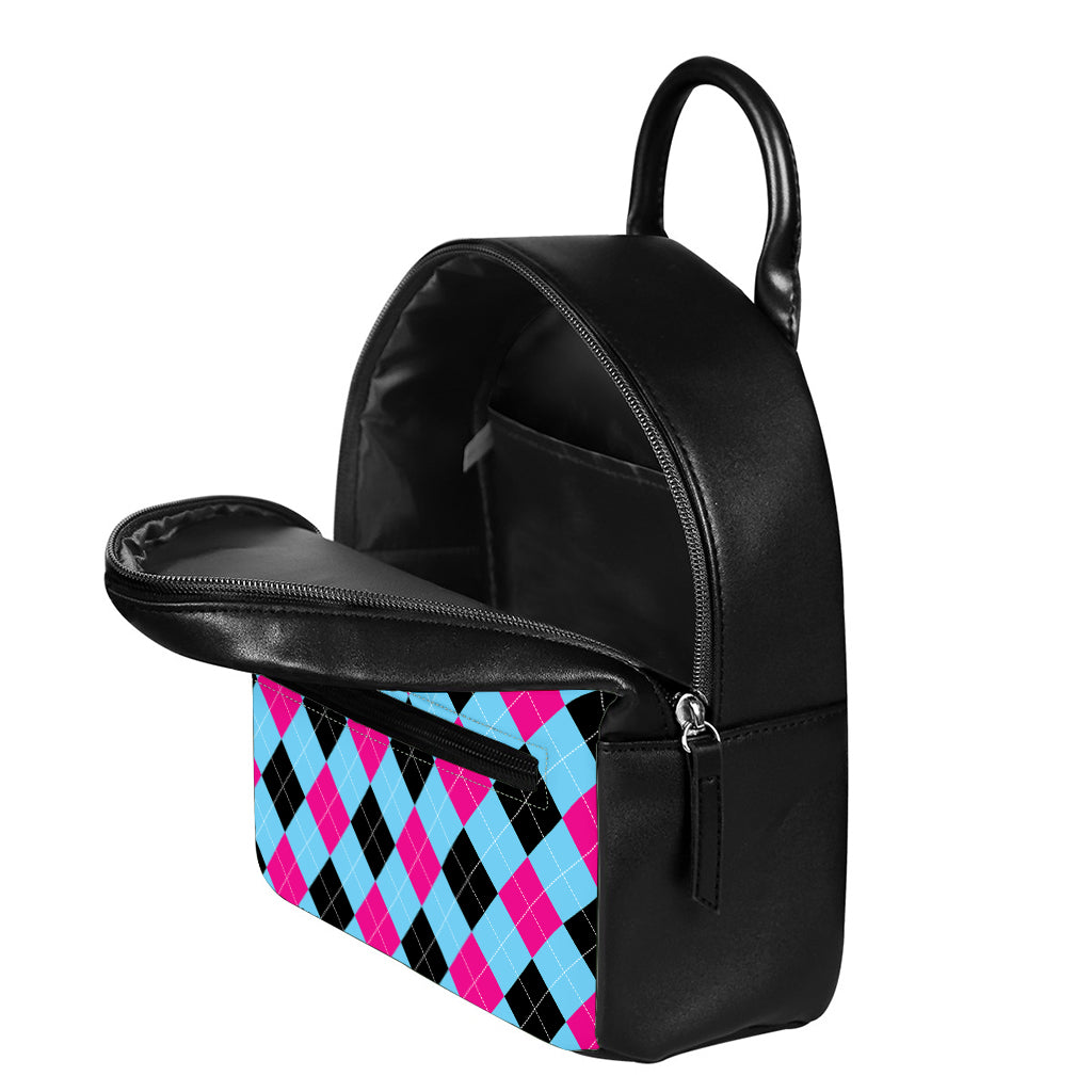 Blue Pink And Black Argyle Pattern Print Leather Backpack