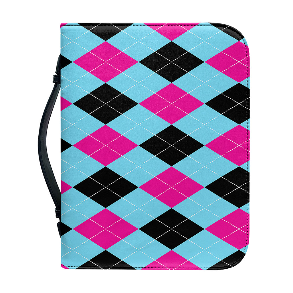 Blue Pink And Black Argyle Pattern Print Leather Bible Cover