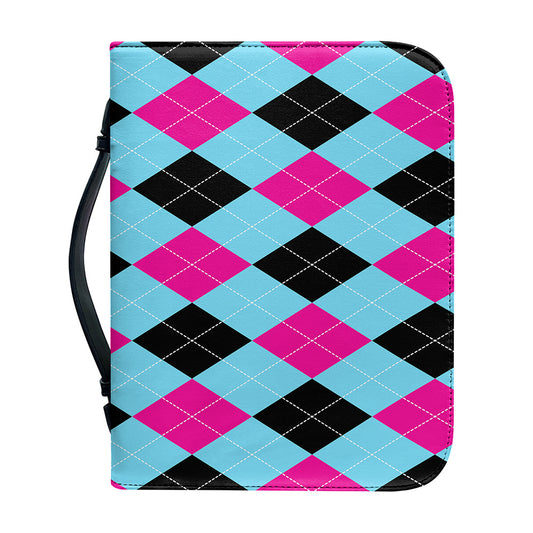 Blue Pink And Black Argyle Pattern Print Leather Bible Cover