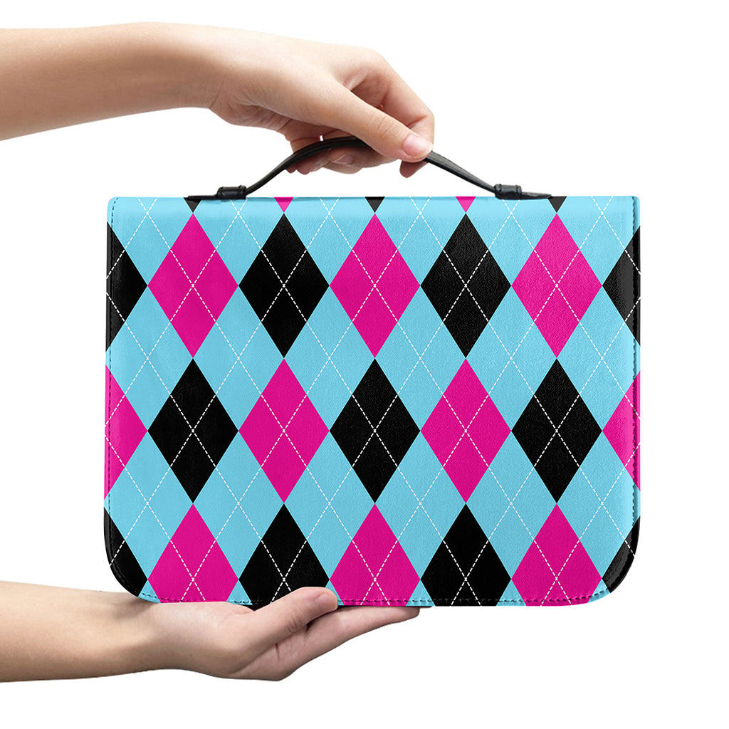 Blue Pink And Black Argyle Pattern Print Leather Bible Cover