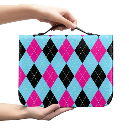 Blue Pink And Black Argyle Pattern Print Leather Bible Cover